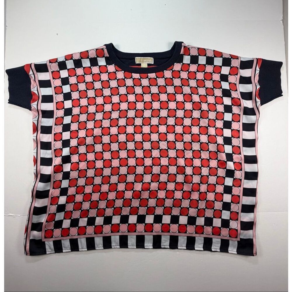 Michael Kors Geometric Print Dolman Top L/XL Red Pink Blue Colorblock Flowy